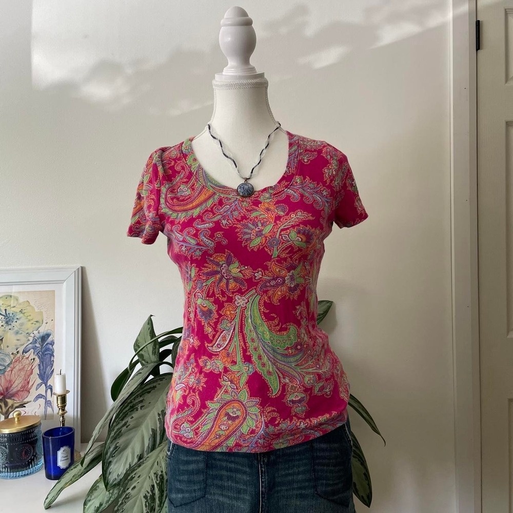 Vintage Y2k Lauren Ralph Lauren Paisley T shirt Womens Sz S pink boho coquette